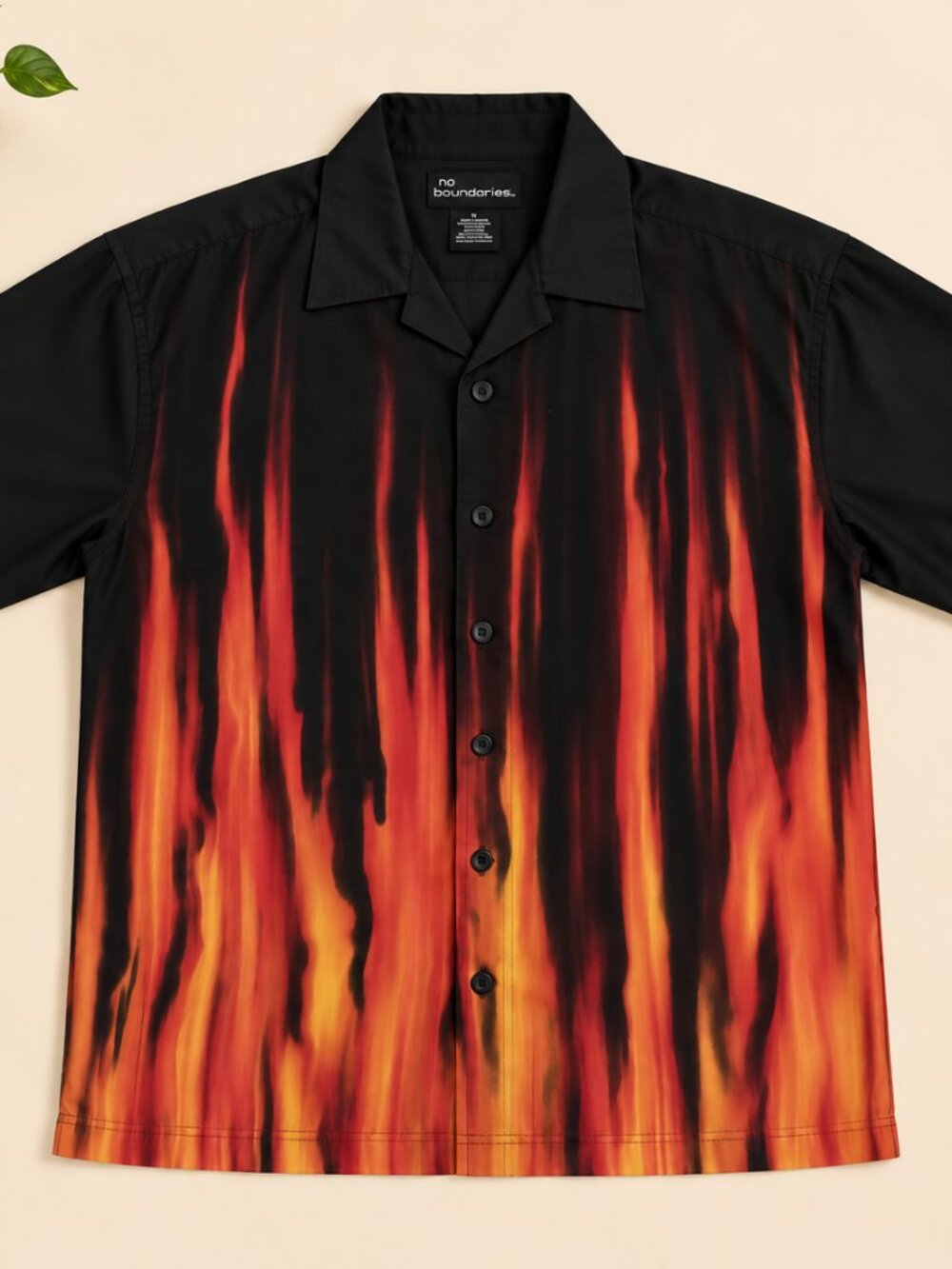 No Boundaries Men's Black Flame Print Button Down Shirt Y2K Streetwear